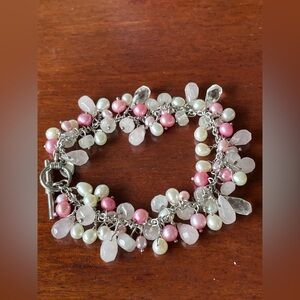 Zales 925 designed by Laura Gibson Pink White freshwater Pearls Quartz Bracelet